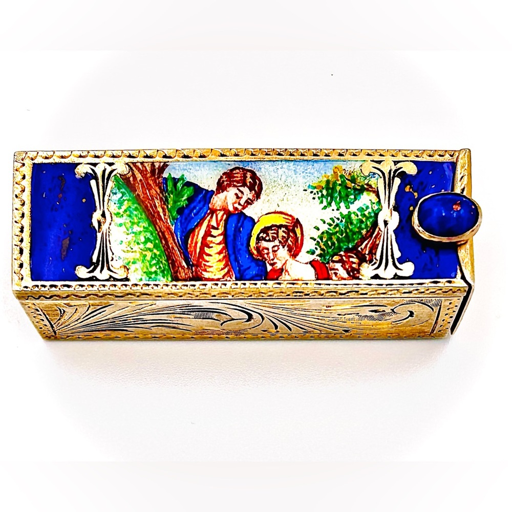 Antique sterling silver lipstick case with Artistic Enamel Accents in blue lapis